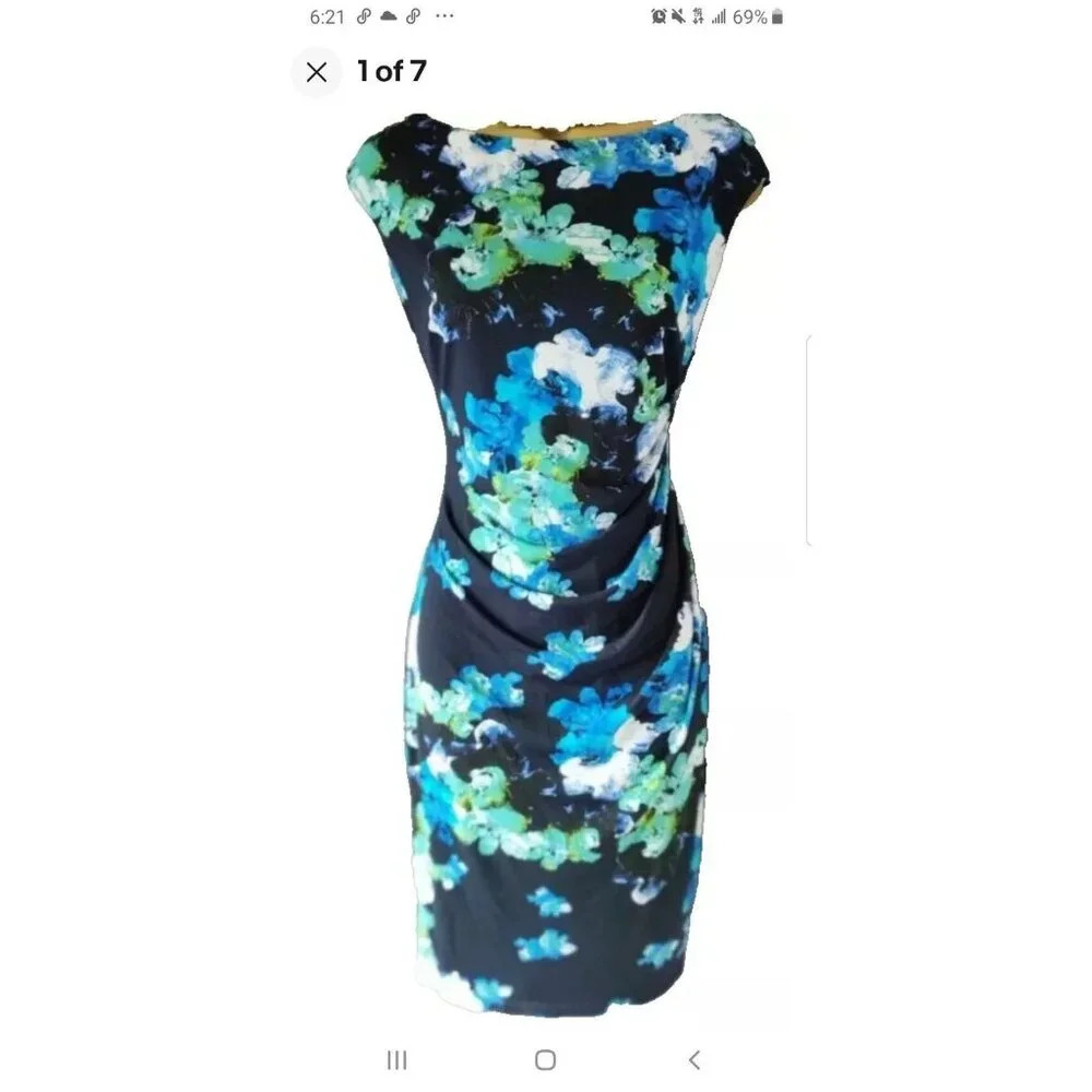 RALPH LAUREN WOMENS SIZE 8 BLUE FLORAL PRINT RUCHED SIDE JERSEY DRESS SUMMER